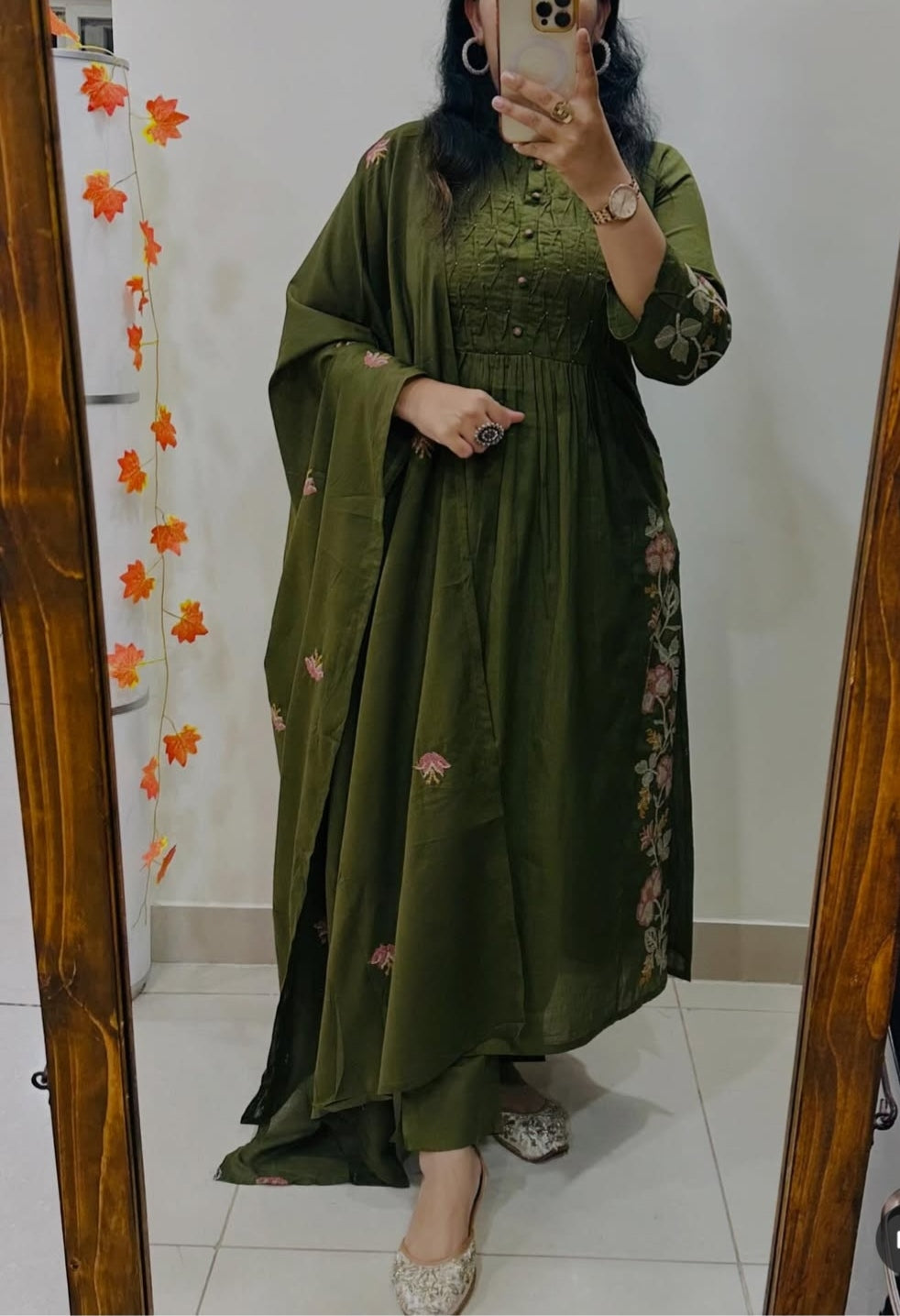 Anarkali dupatta set with printex detailing on neck with pearl details and embroidery on sides of kurti