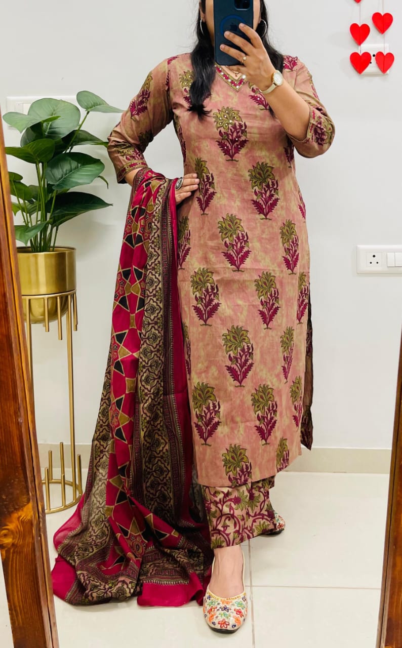 Ajrak print cotton kurti pant dupatta set in floral print available in 3 colours