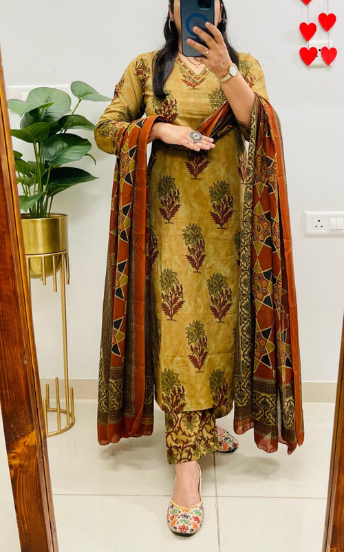 Ajrak print cotton kurti pant dupatta set in floral print available in 3 colours