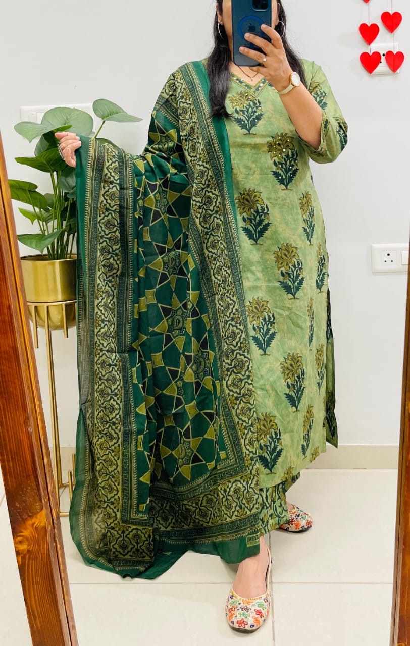Ajrak print cotton kurti pant dupatta set in floral print available in 3 colours