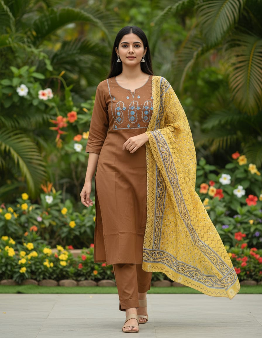 Kurti pant dupatta set with minimal embroidery touch, perfect for dailywear and outings