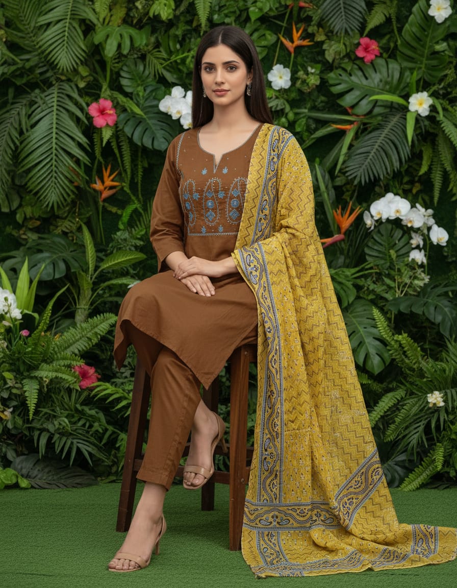 Kurti pant dupatta set with minimal embroidery touch, perfect for dailywear and outings
