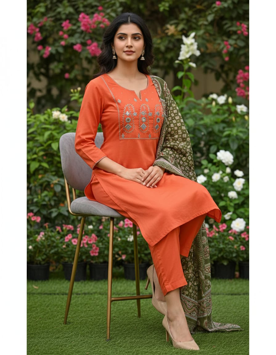 Kurti pant dupatta set with minimal embroidery touch, perfect for dailywear and outings