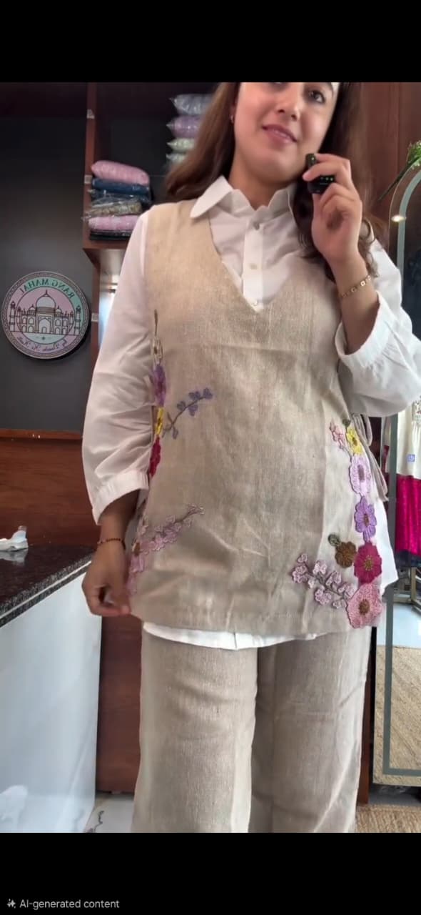 Cord set in 3 piece with cotton full slevees and jacket in handloom fabric with embroidery touch and plazzo also in handloom fabric