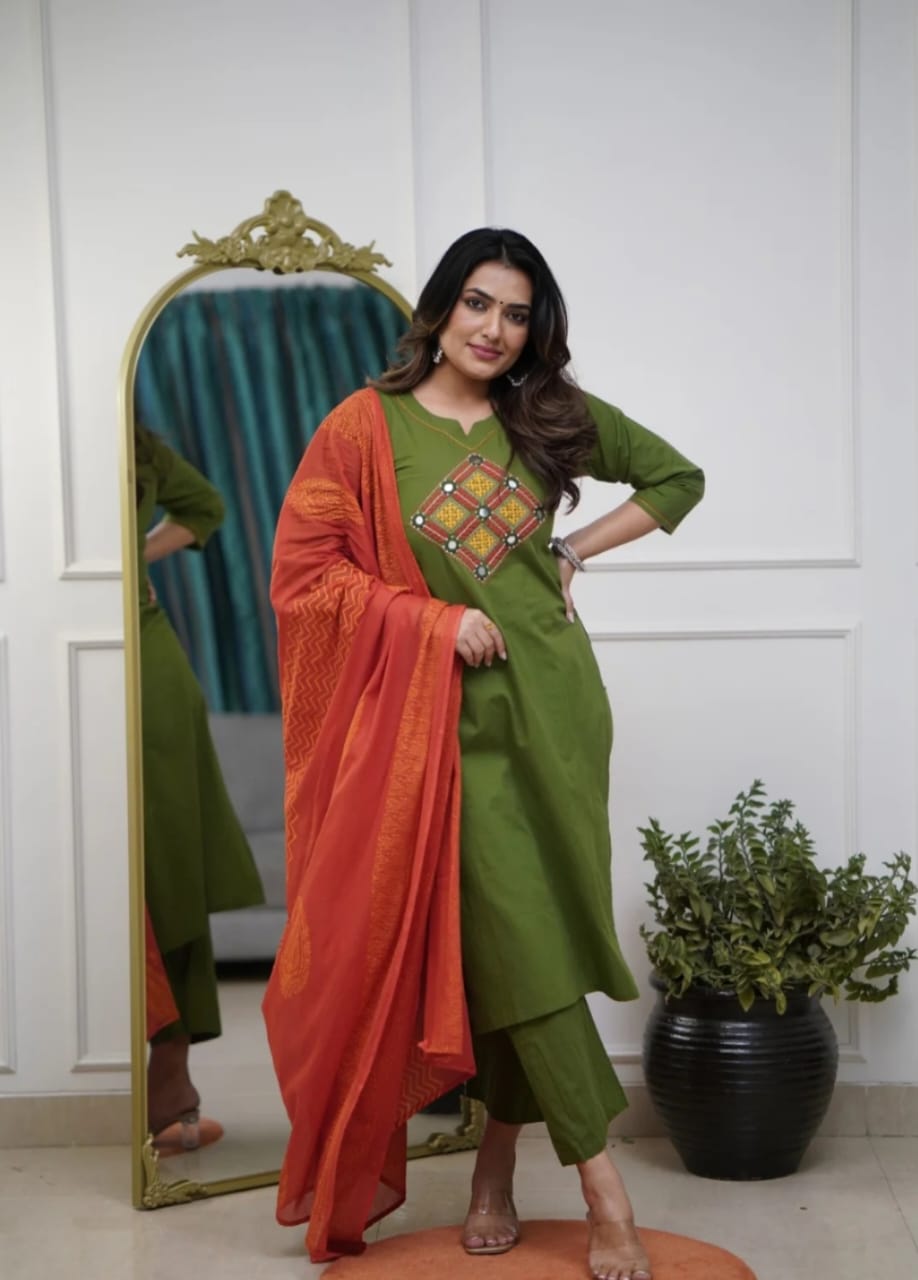 Kurti Pant Dupatta set in solid colours with ajarak print dupatta touch perfect for any occasion