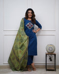 Kurti Pant Dupatta set in solid colours with ajarak print dupatta touch perfect for any occasion
