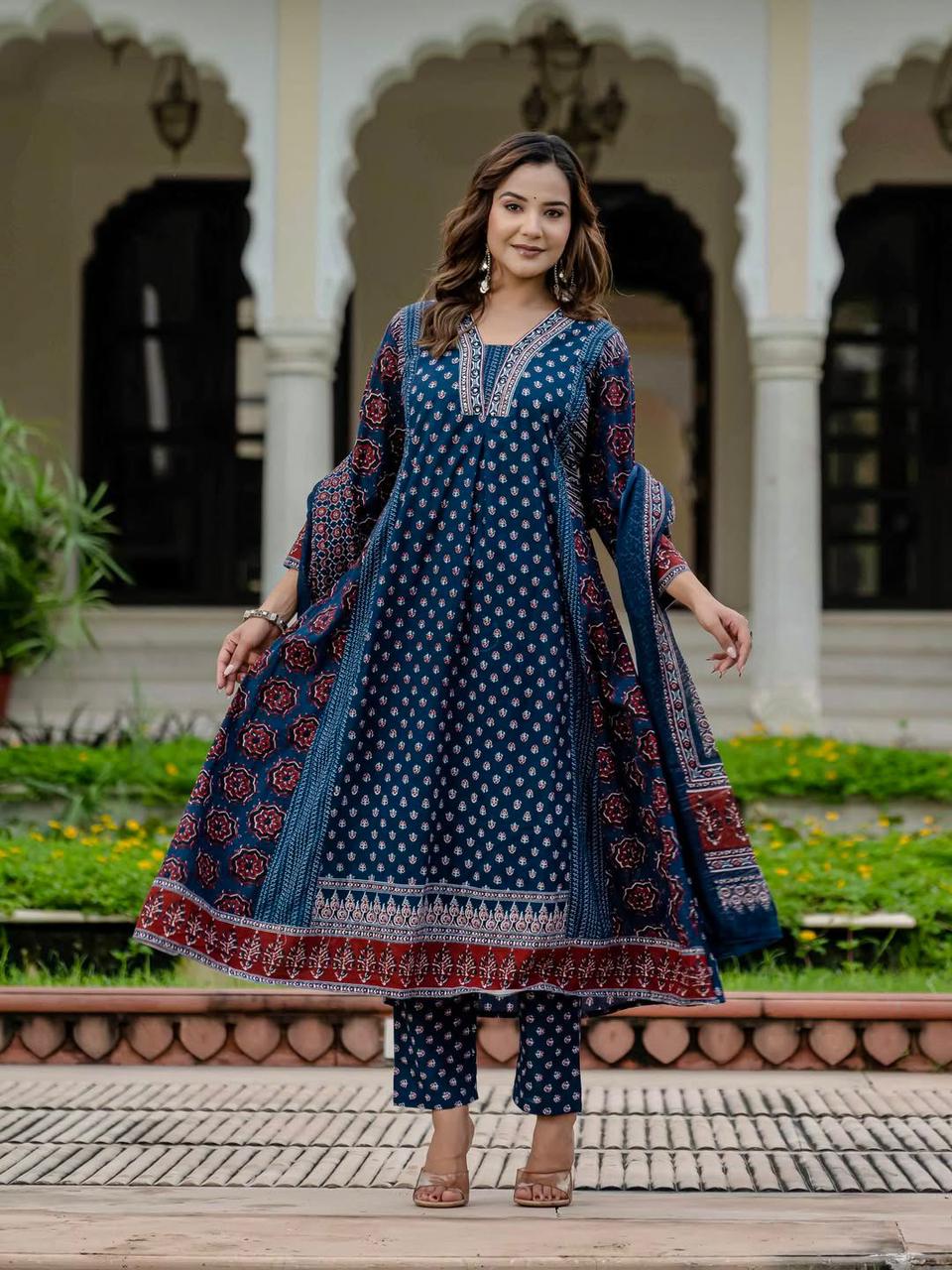 Ajrak Print Pure Cotton A Line Dupatta set Available in Two Colors