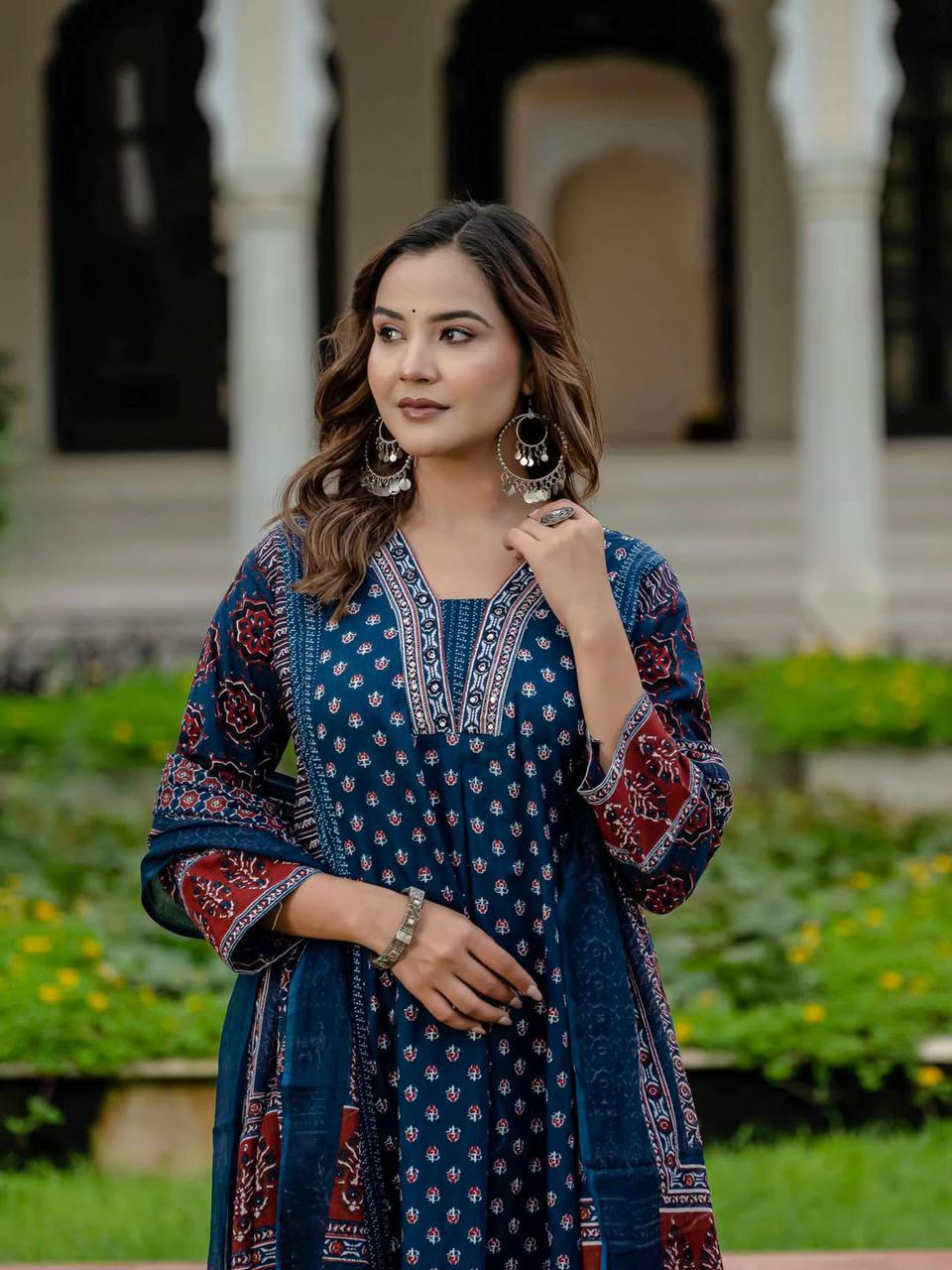 Ajrak Print Pure Cotton A Line Dupatta set Available in Two Colors