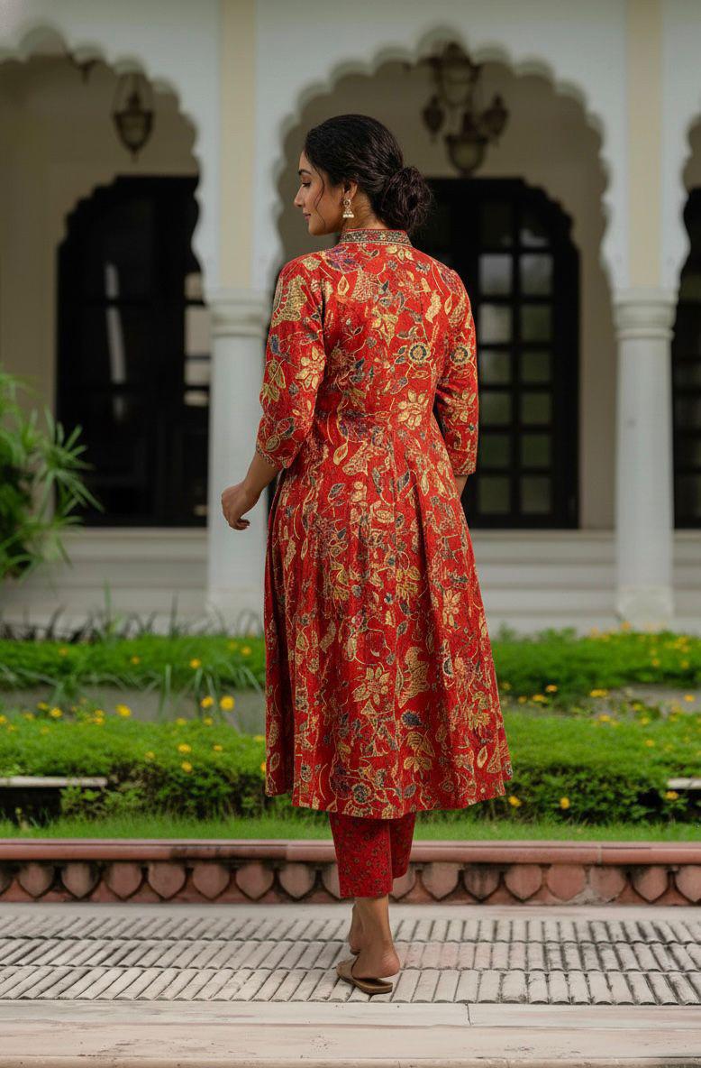 A Line dupatta set in floeal print with beautiful rust red colour