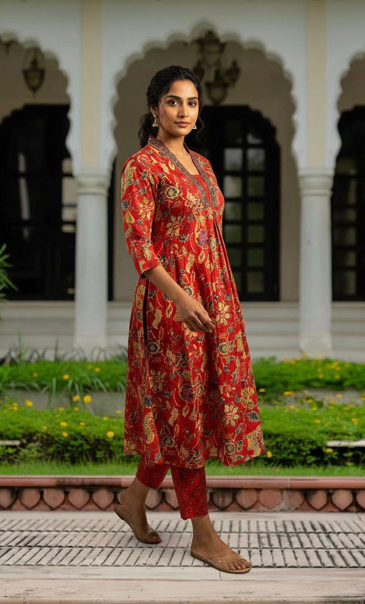 A Line dupatta set in floeal print with beautiful rust red colour