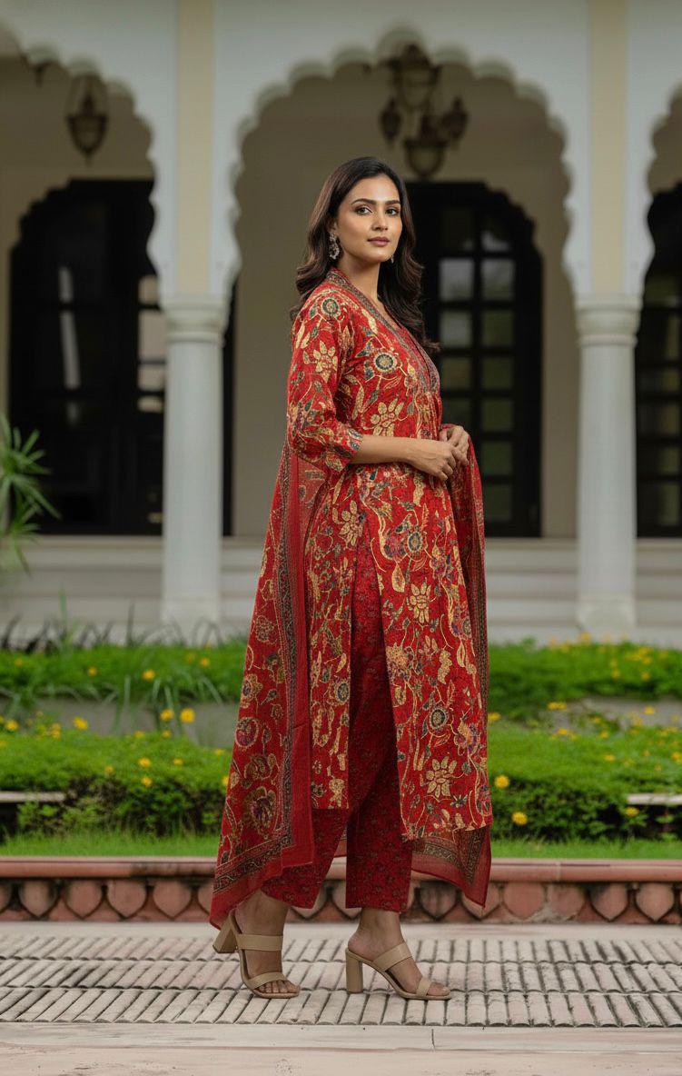 A Line dupatta set in floeal print with beautiful rust red colour