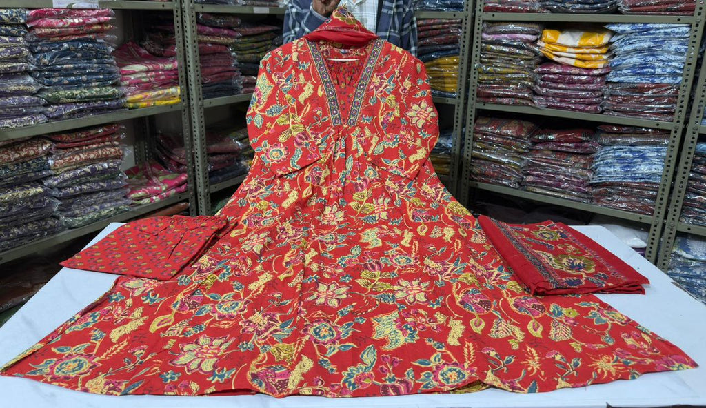 A Line dupatta set in floeal print with beautiful rust red colour