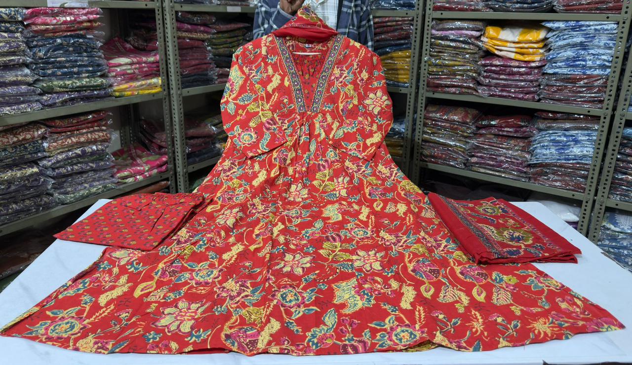 A Line dupatta set in floeal print with beautiful rust red colour