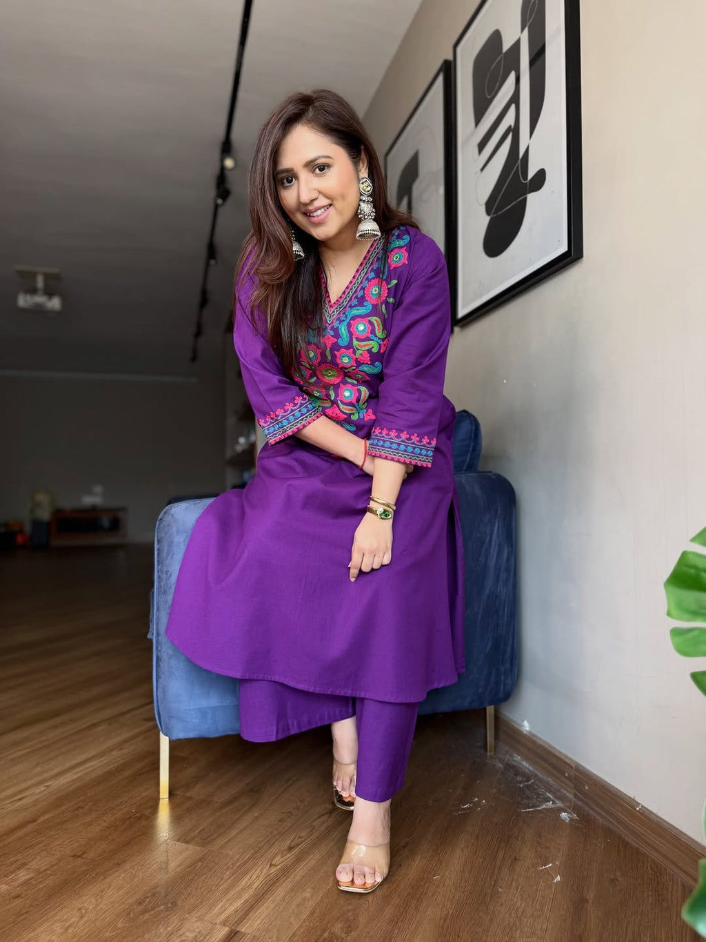 Cotton Slub kurti plazo set with aari work embroidery on neck