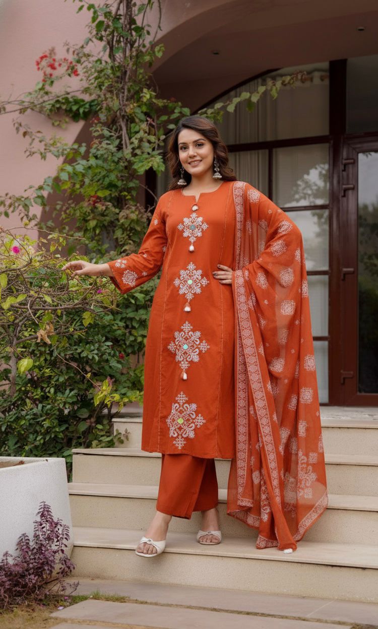 Kurti Pant Dupatta set in cotton fabric with heavy embroidery