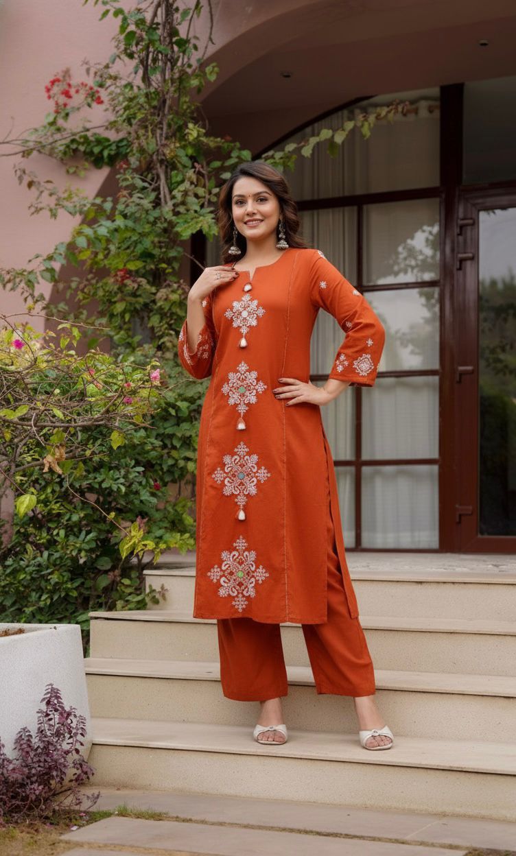 Kurti Pant Dupatta set in cotton fabric with heavy embroidery