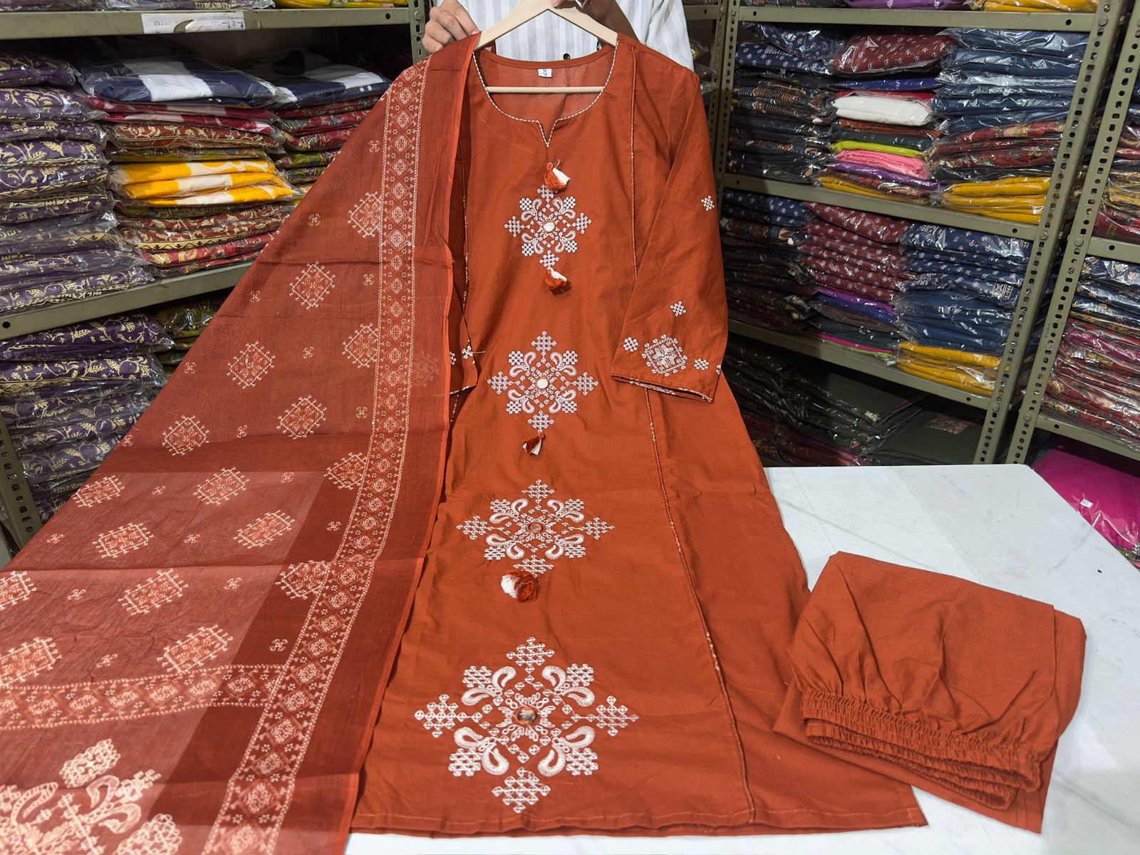 Kurti Pant Dupatta set in cotton fabric with heavy embroidery