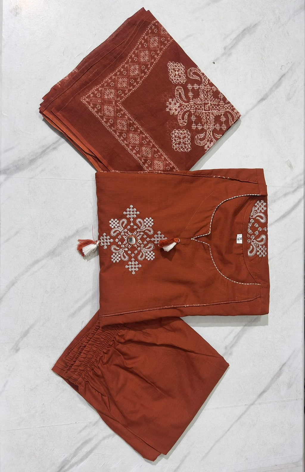 Kurti Pant Dupatta set in cotton fabric with heavy embroidery