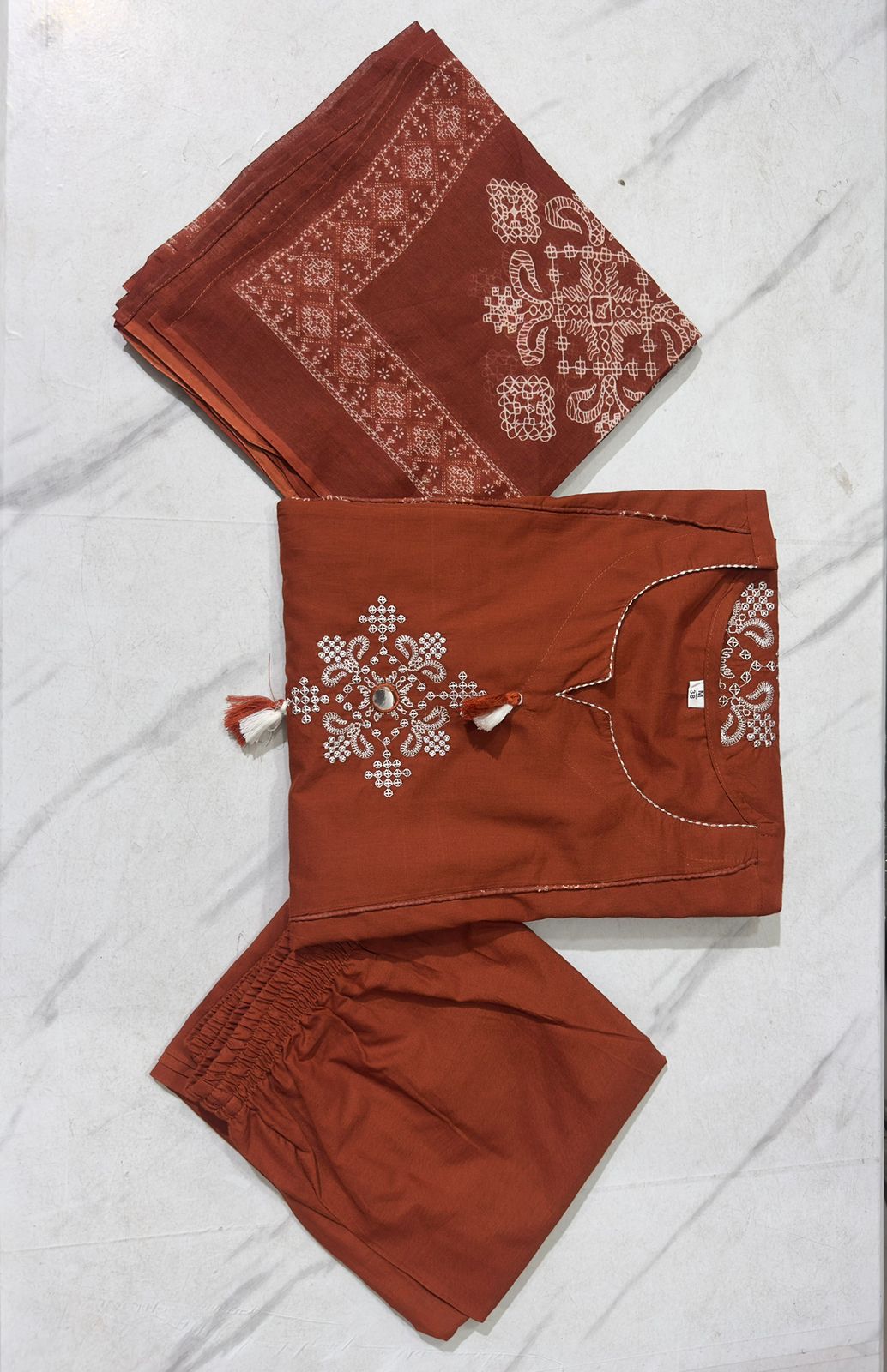 Kurti Pant Dupatta set in cotton fabric with heavy embroidery
