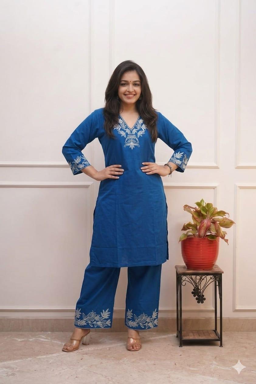 Cotton kurti pant set with zari work on kurti neck and pant with pocket in pant available in 3 colours