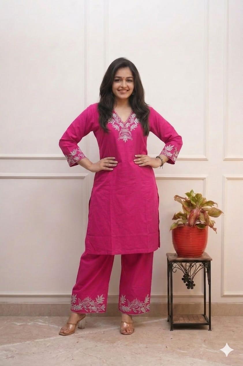 Cotton kurti pant set with zari work on kurti neck and pant with pocket in pant available in 3 colours