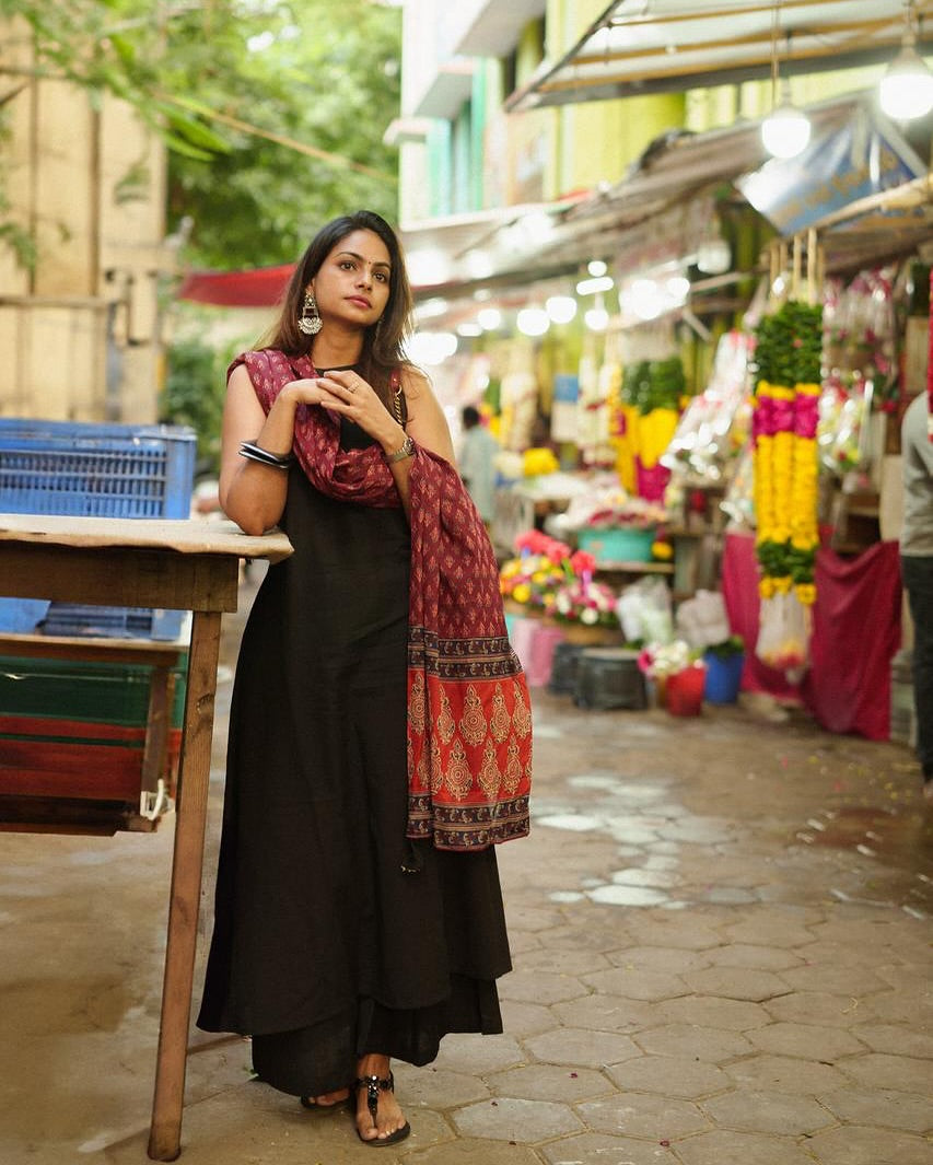 Handloom Cotton A Line Kurti with palazzo  pant paired with Linen cotton dupatta set