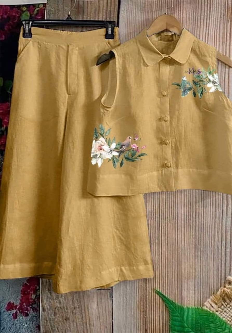 Digital print cord set with both side pocket in plazzo
