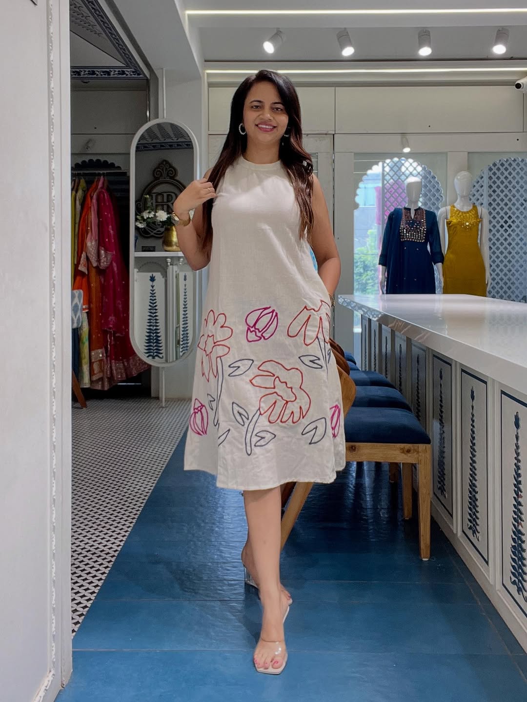 Cotton flex haulter neck kurti pant set with one side pocket in kurti and embroidery details on kurti