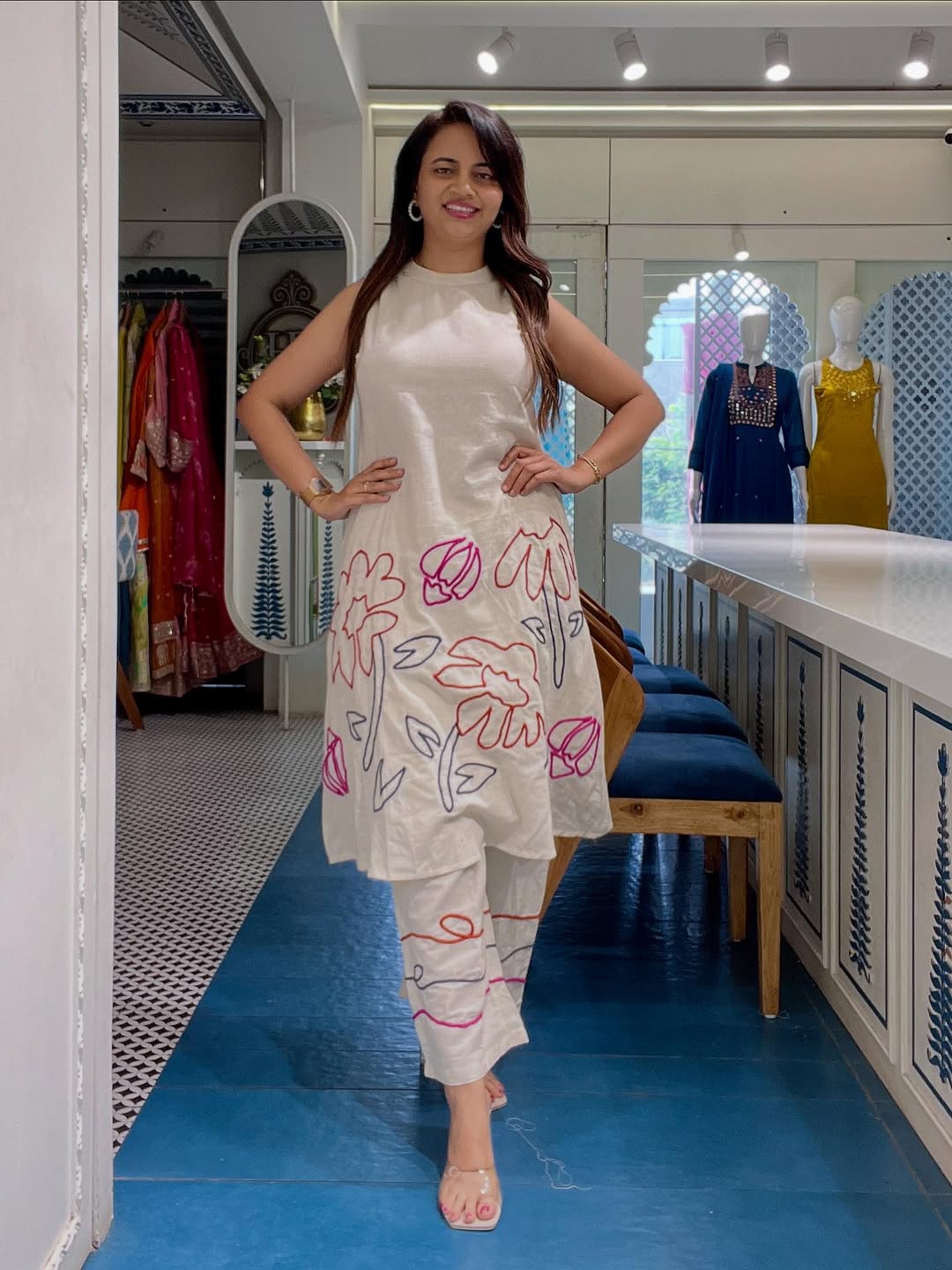 Cotton flex haulter neck kurti pant set with one side pocket in kurti and embroidery details on kurti