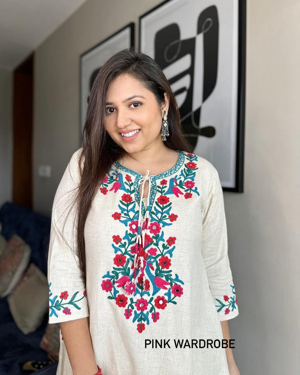 Handloom cotton kurti pant set with thread embroidery on neck of kurti