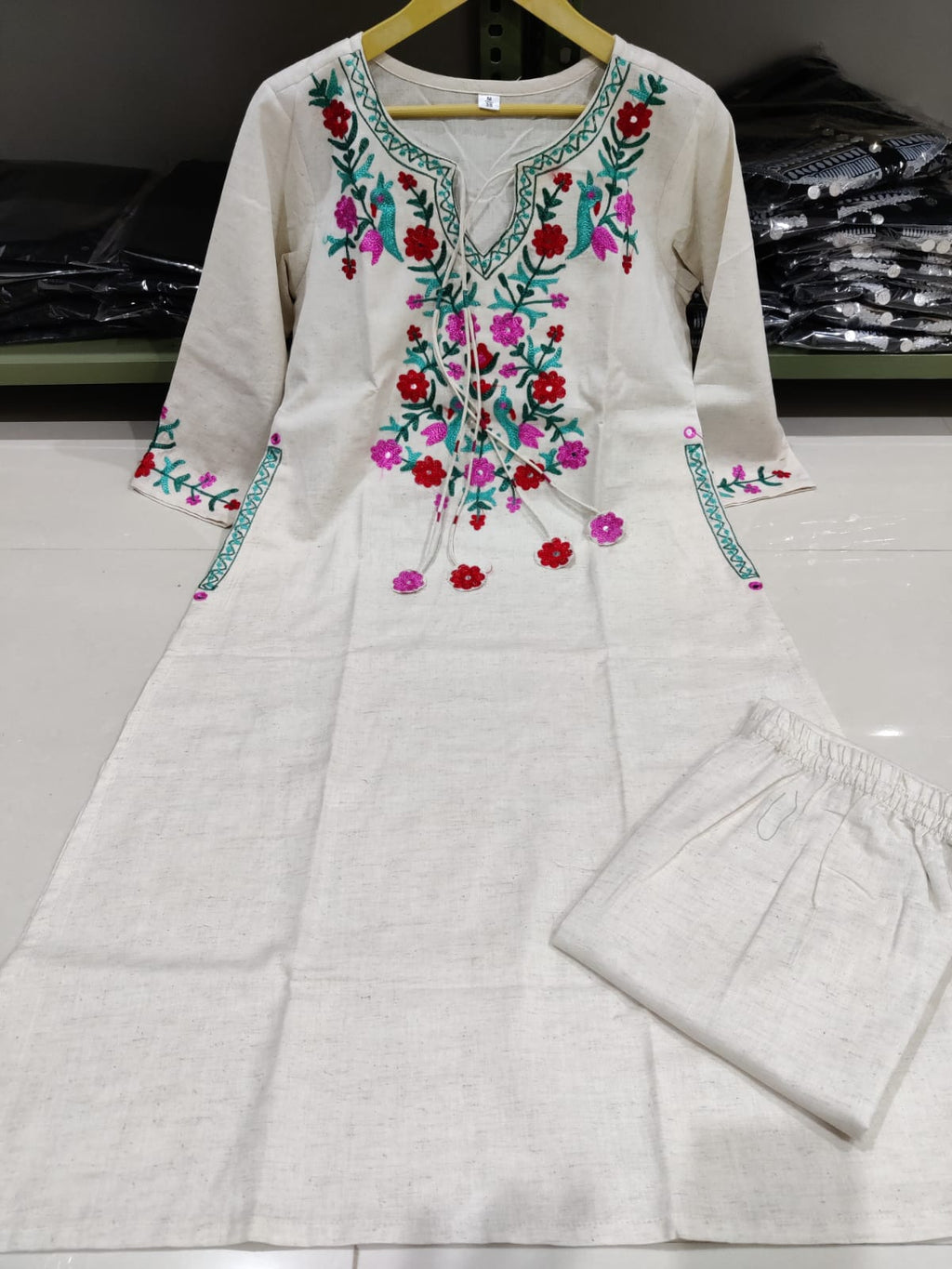 Handloom cotton kurti pant set with thread embroidery on neck of kurti