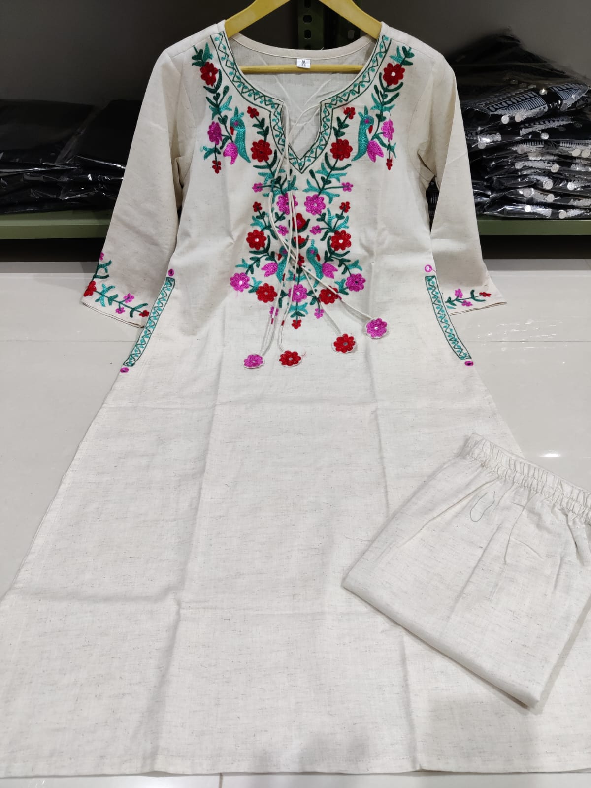 Handloom cotton kurti pant set with thread embroidery on neck of kurti