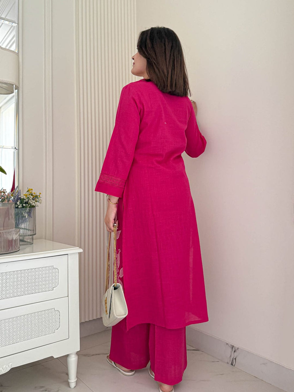 Pink Colour kurti pant set with embroidery work on kurti