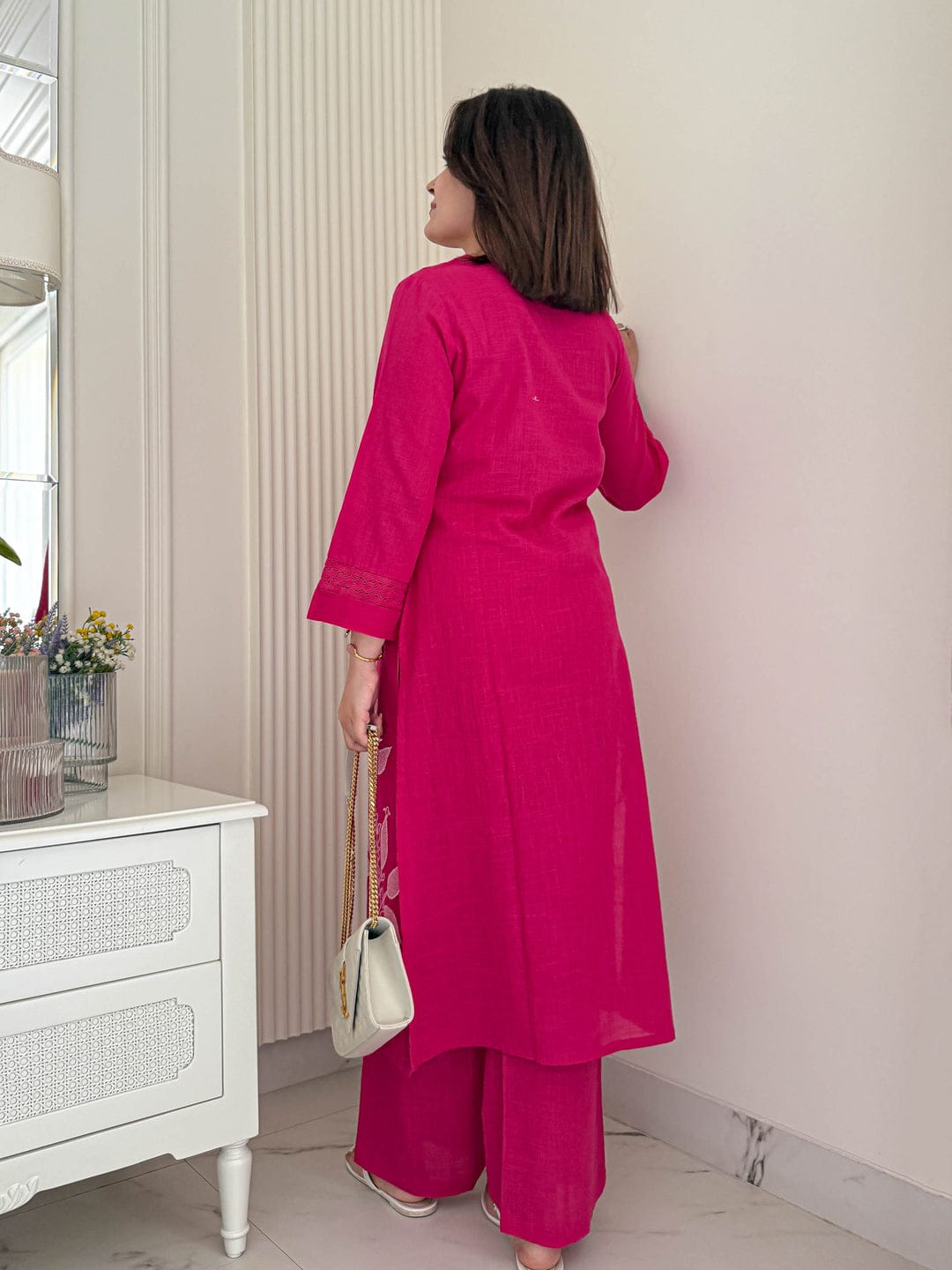 Pink Colour kurti pant set with embroidery work on kurti