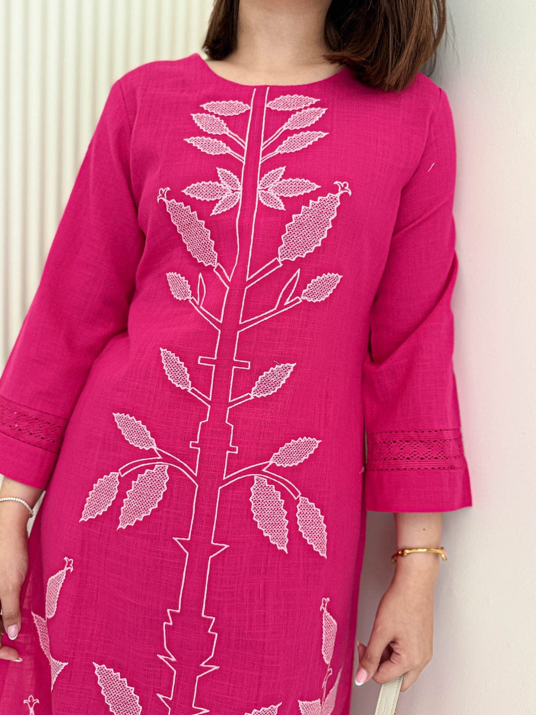 Pink Colour kurti pant set with embroidery work on kurti
