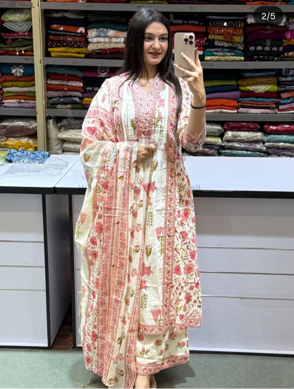 Cotton A Line Anarkli Suit Set With Different Flower Print On White Base