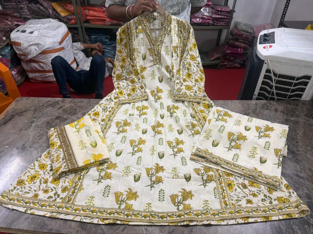 Cotton A Line Anarkli Suit Set With Different Flower Print On White Base