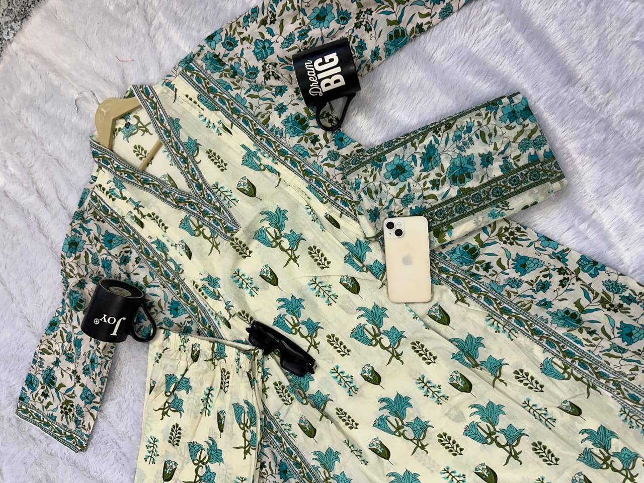 Cotton A Line Anarkli Suit Set With Different Flower Print On White Base