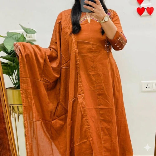 A Line Cotton Duppata Set With Embroidery Detail On Neck  And Chinese Collar