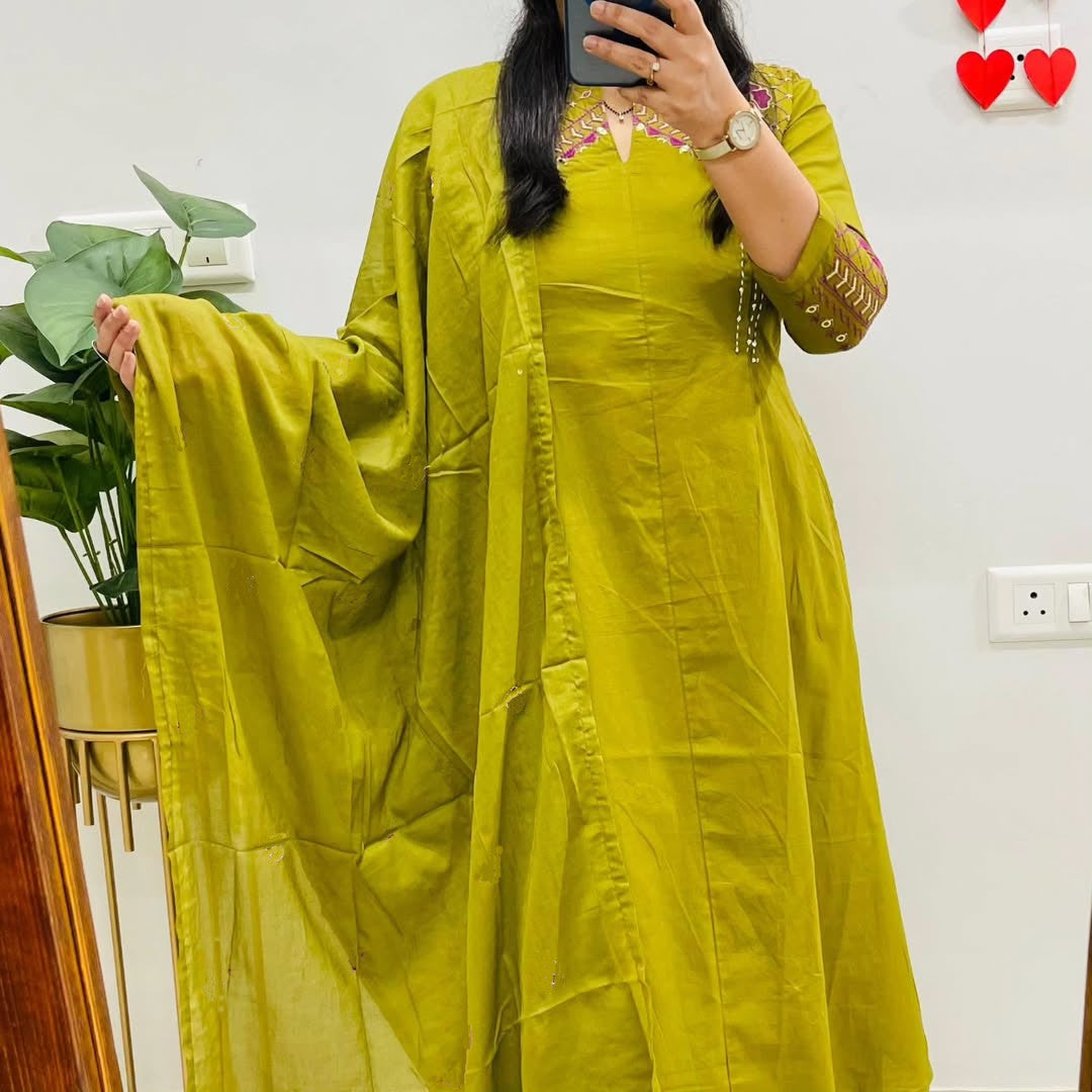 A Line Cotton Duppata Set With Embroidery Detail On Neck  And Chinese Collar