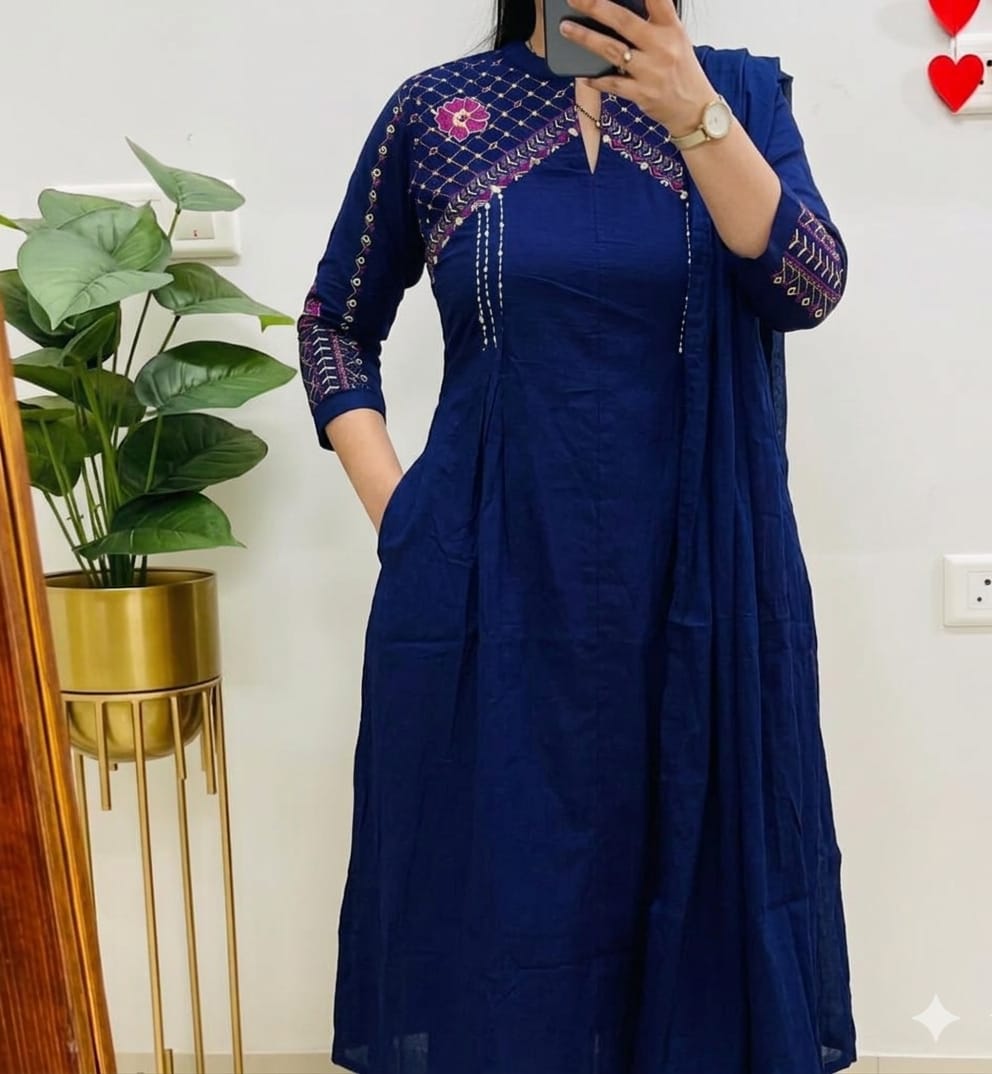 A Line Cotton Duppata Set With Embroidery Detail On Neck  And Chinese Collar