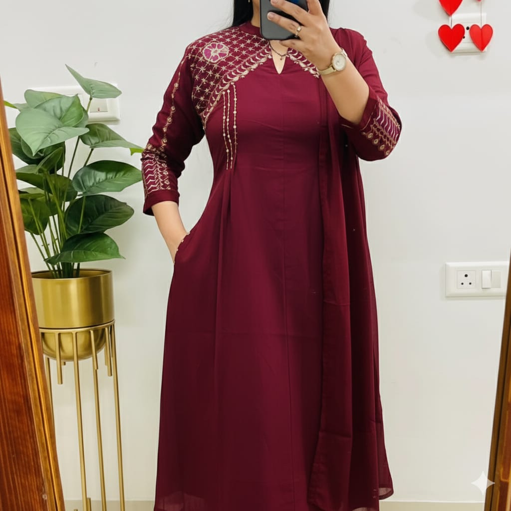 A Line Cotton Duppata Set With Embroidery Detail On Neck  And Chinese Collar