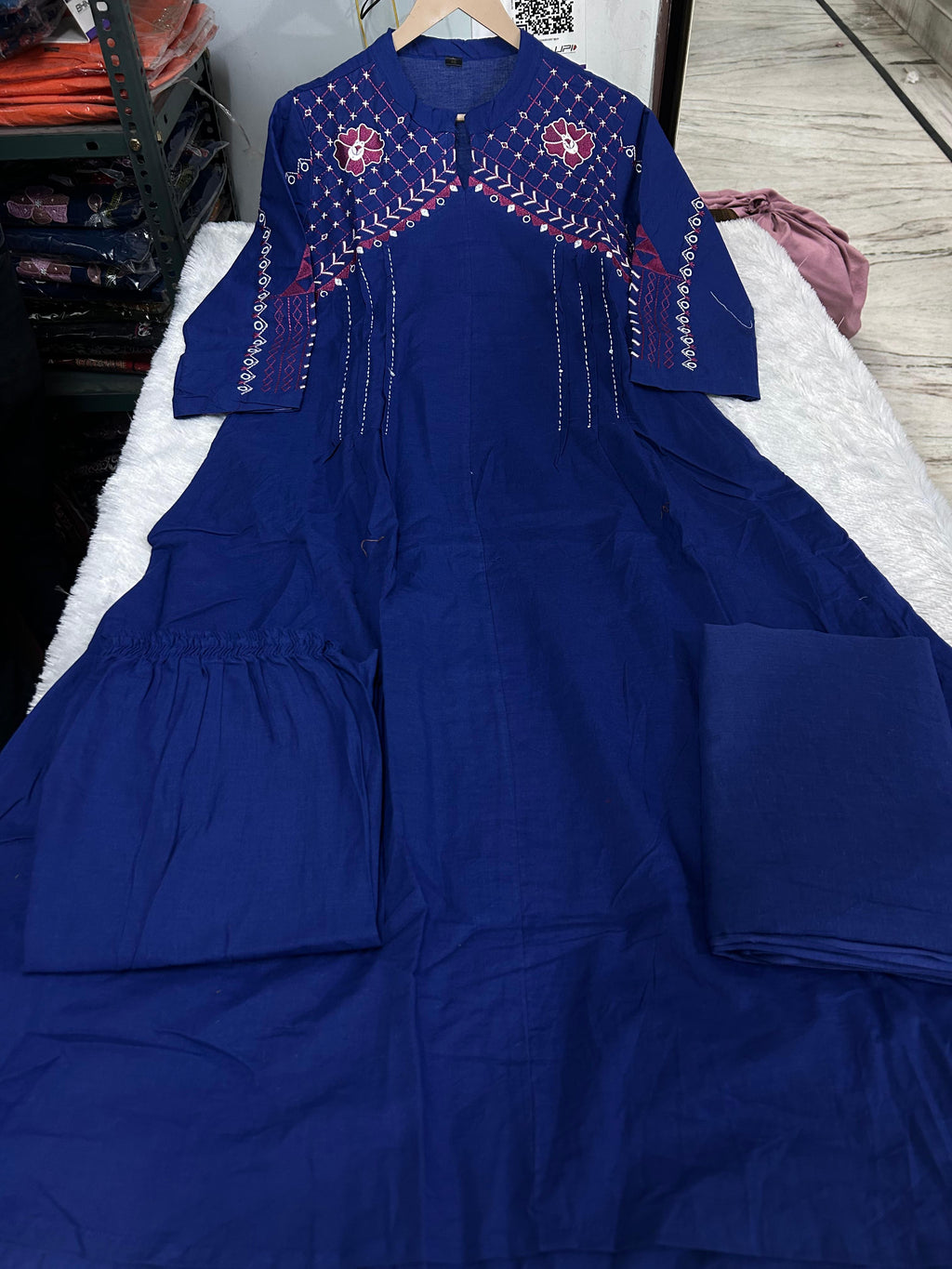A Line Cotton Duppata Set With Embroidery Detail On Neck  And Chinese Collar