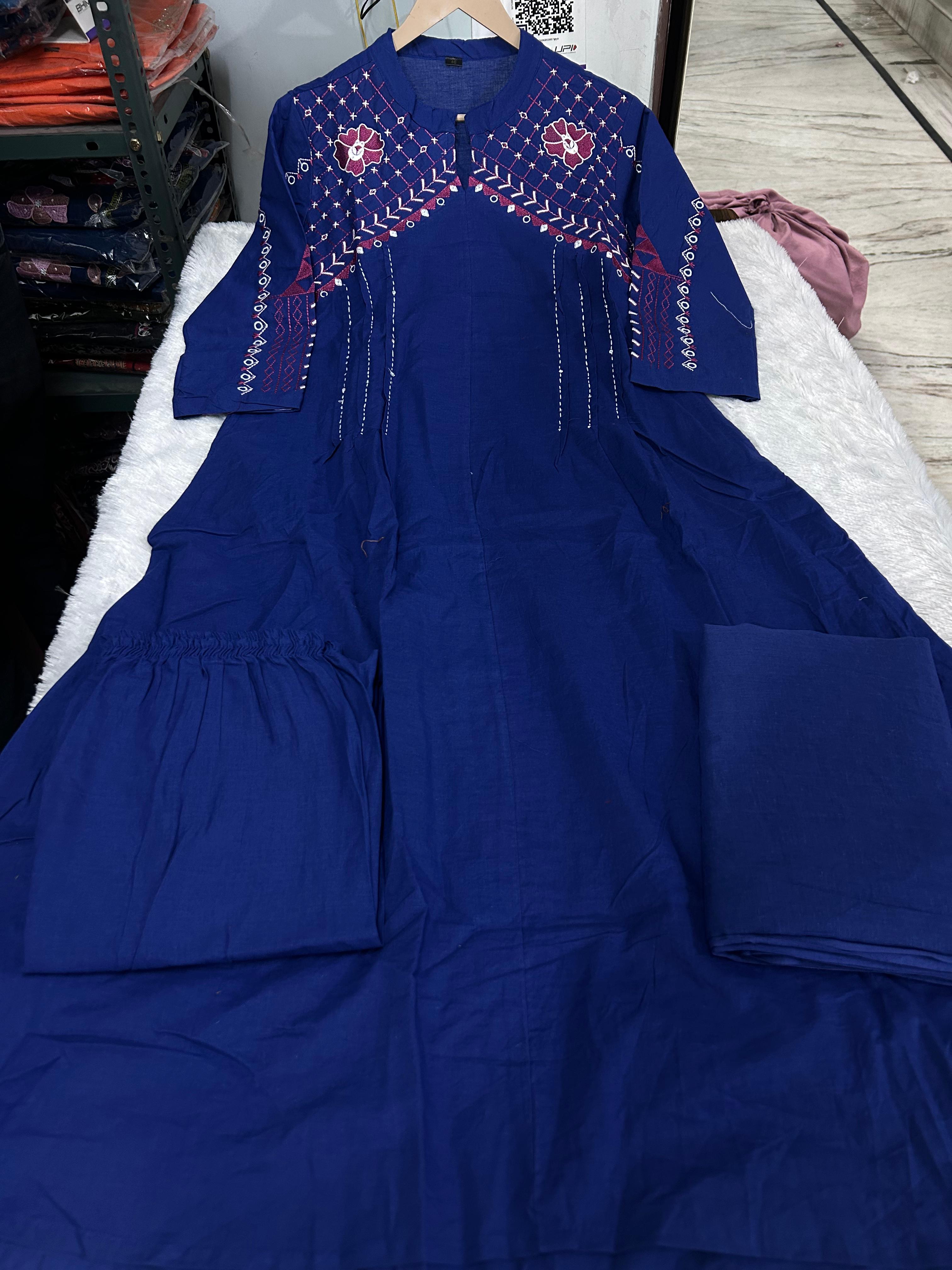 A Line Cotton Duppata Set With Embroidery Detail On Neck  And Chinese Collar
