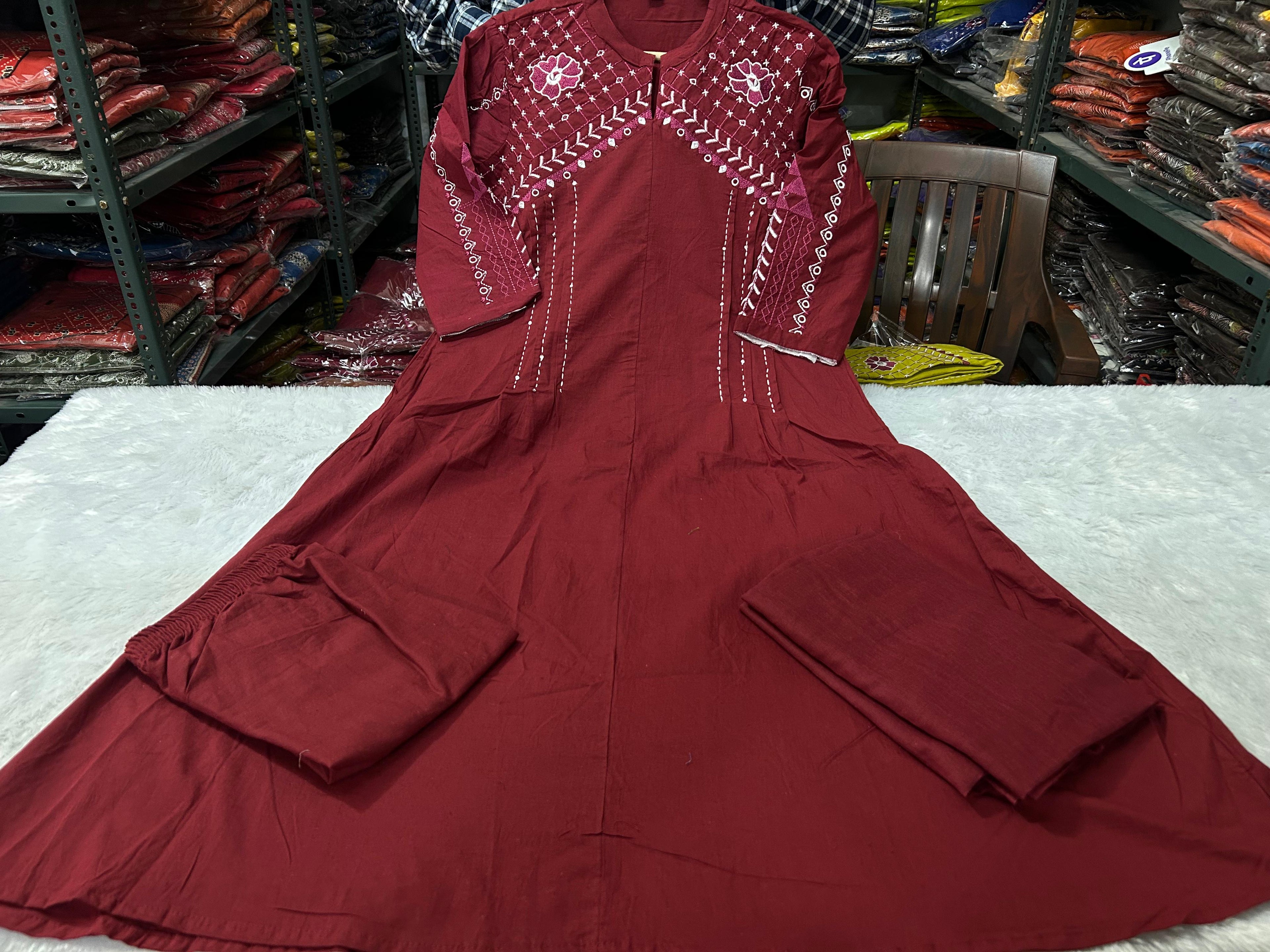 A Line Cotton Duppata Set With Embroidery Detail On Neck  And Chinese Collar