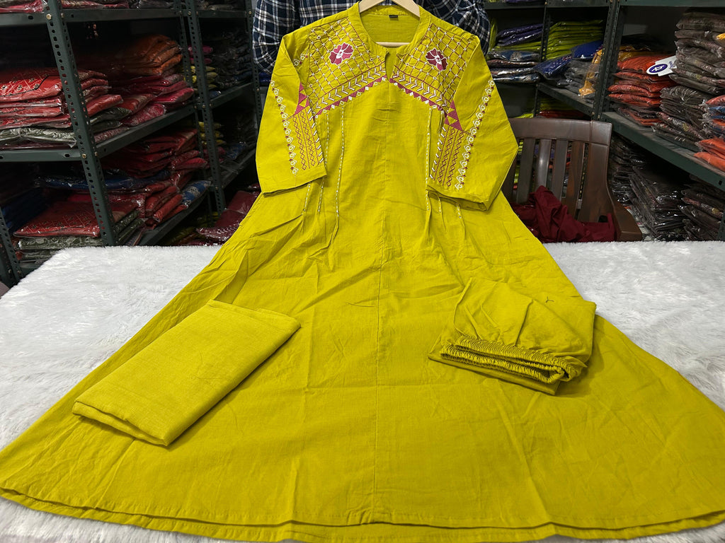 A Line Cotton Duppata Set With Embroidery Detail On Neck  And Chinese Collar