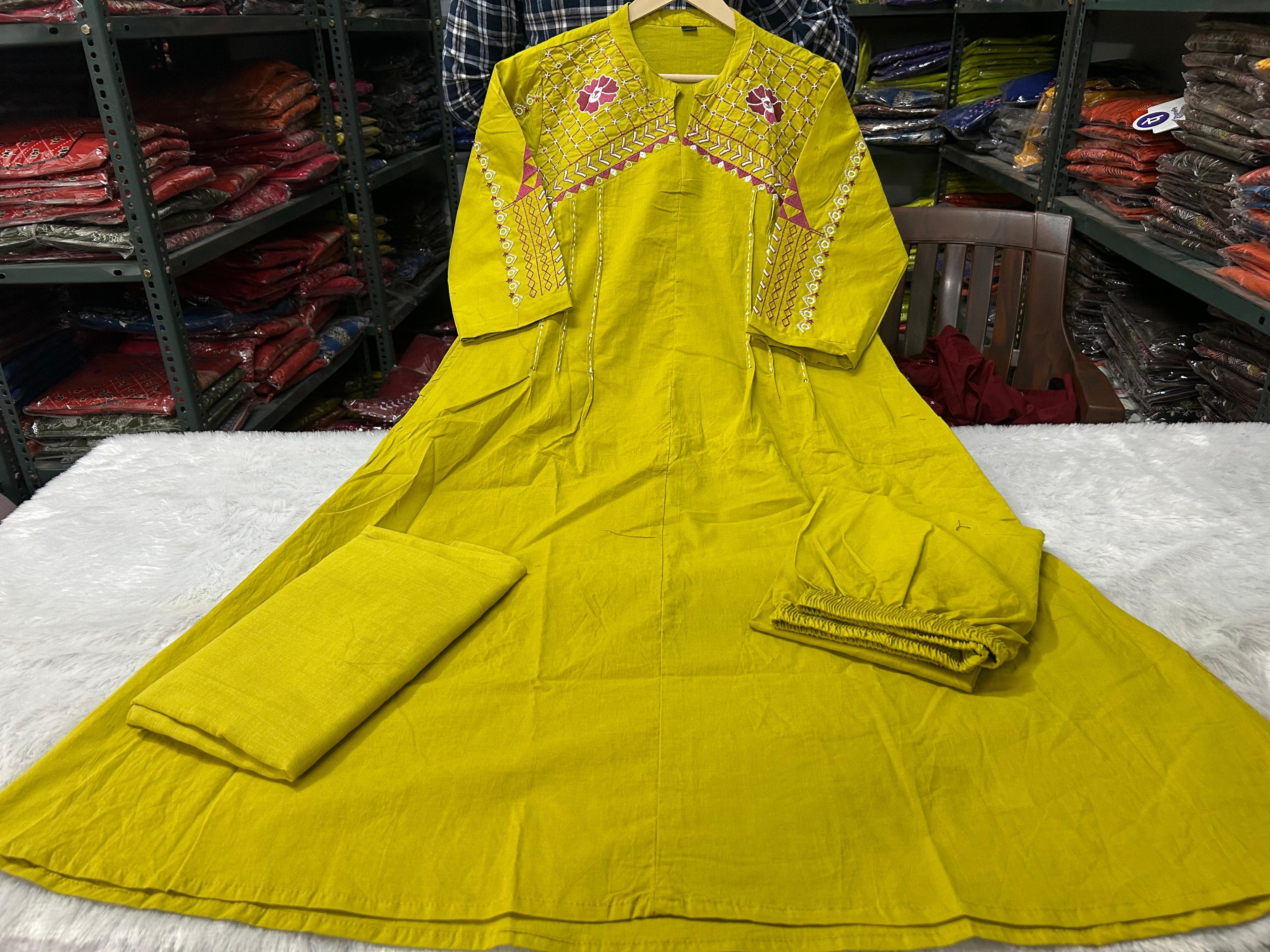A Line Cotton Duppata Set With Embroidery Detail On Neck  And Chinese Collar