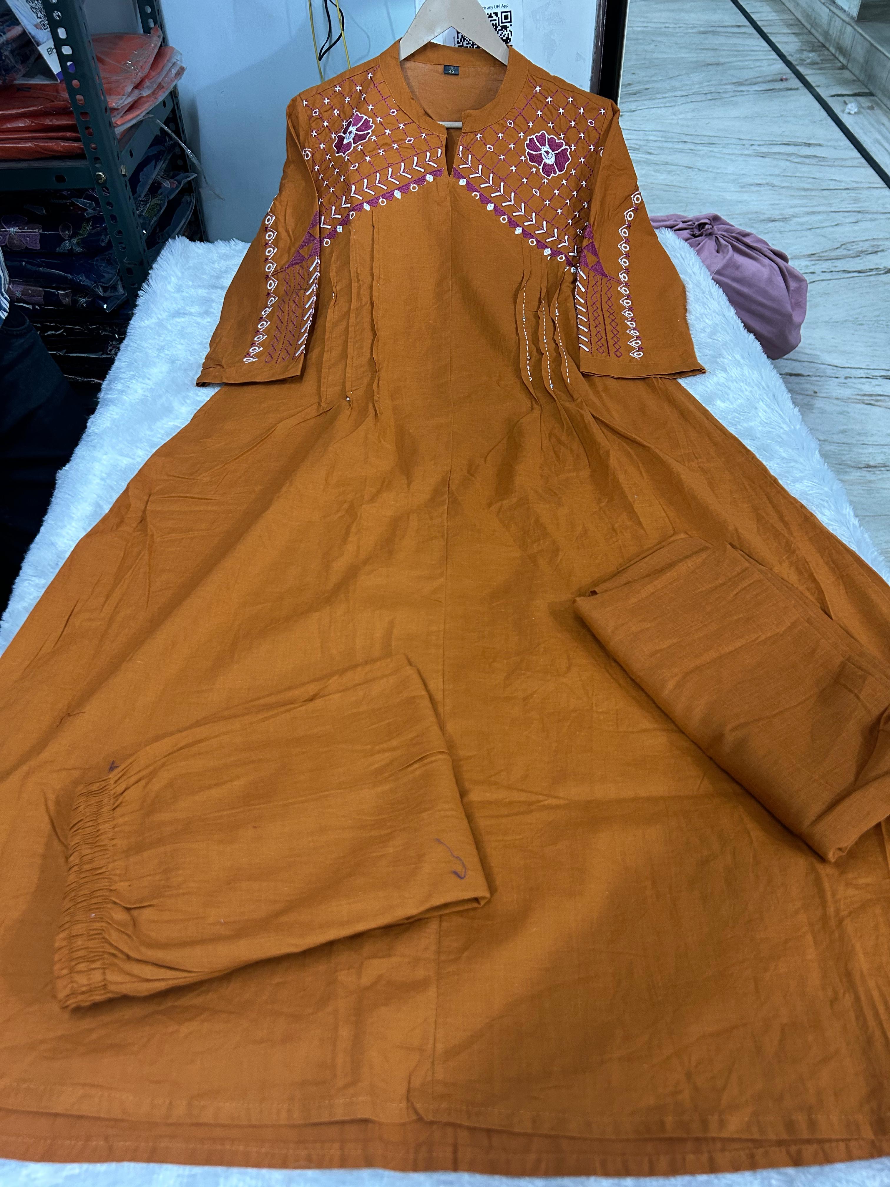 A Line Cotton Duppata Set With Embroidery Detail On Neck  And Chinese Collar