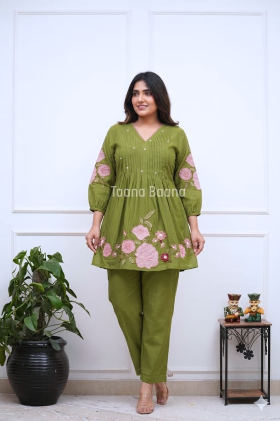 Cotton   Short Cord-Set With Embroidery Detailing On Top Paired With Plain Paint Perfect For Any Occasion