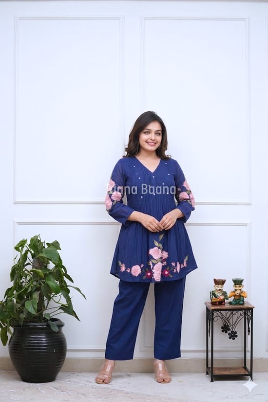 Cotton   Short Cord-Set With Embroidery Detailing On Top Paired With Plain Paint Perfect For Any Occasion